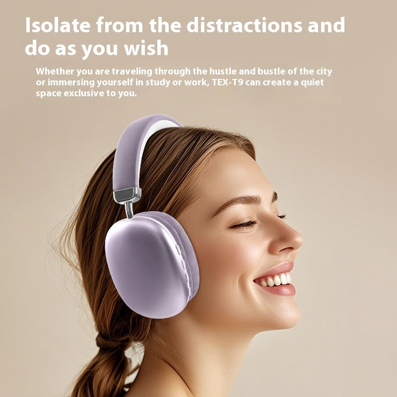 Woman wearing purple headphones with text about creating a quiet space.