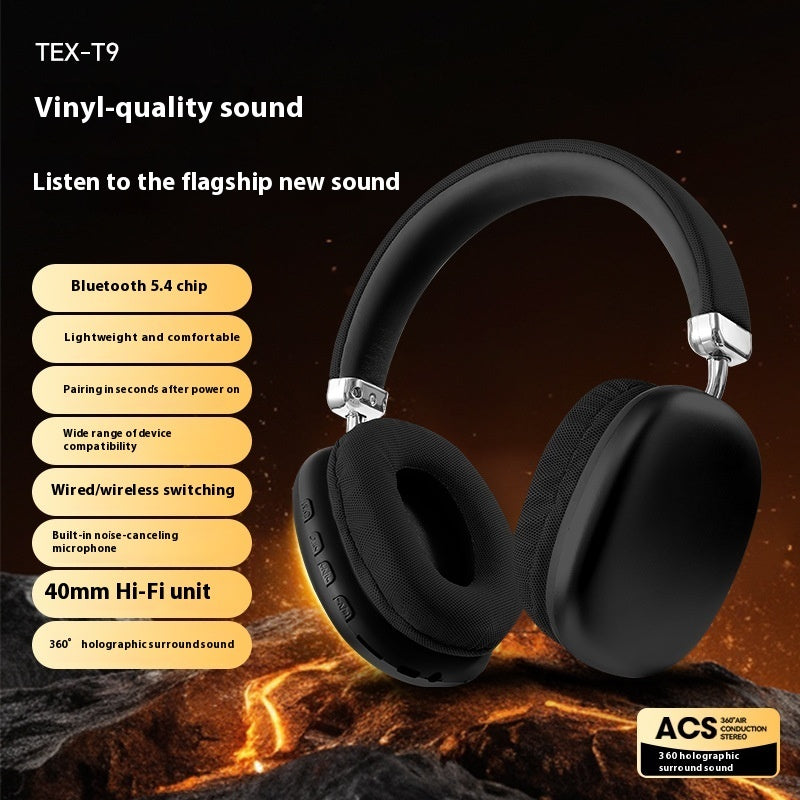 Black headphones with features listed on a dark background