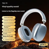 White headphones with feature list on a dark background