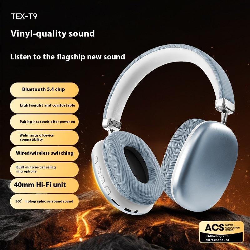 White headphones with feature list on a dark background
