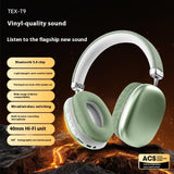 Green headphones with text highlighting features on a dark background