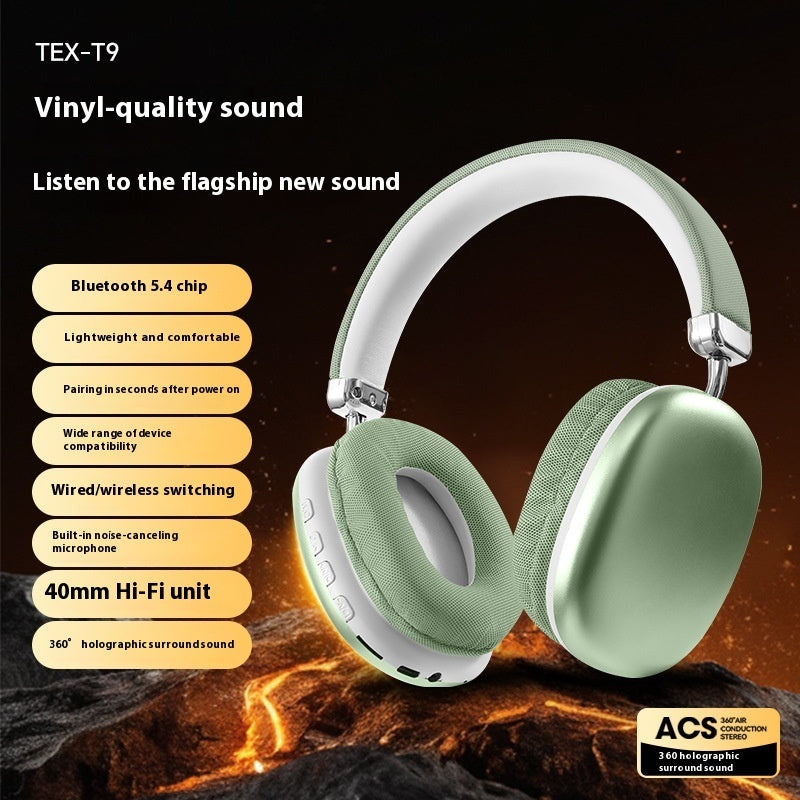 Green headphones with text highlighting features on a dark background