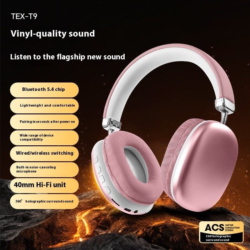 Pink headphones with feature list on a dark background
