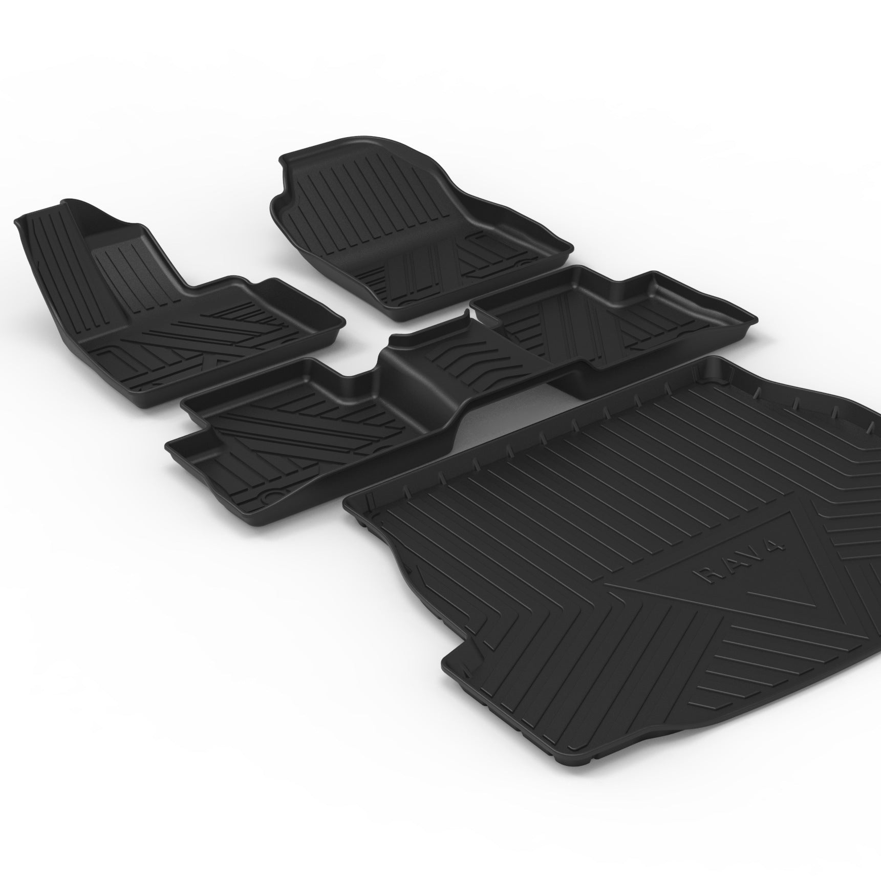 Set of black car floor mats on a white background