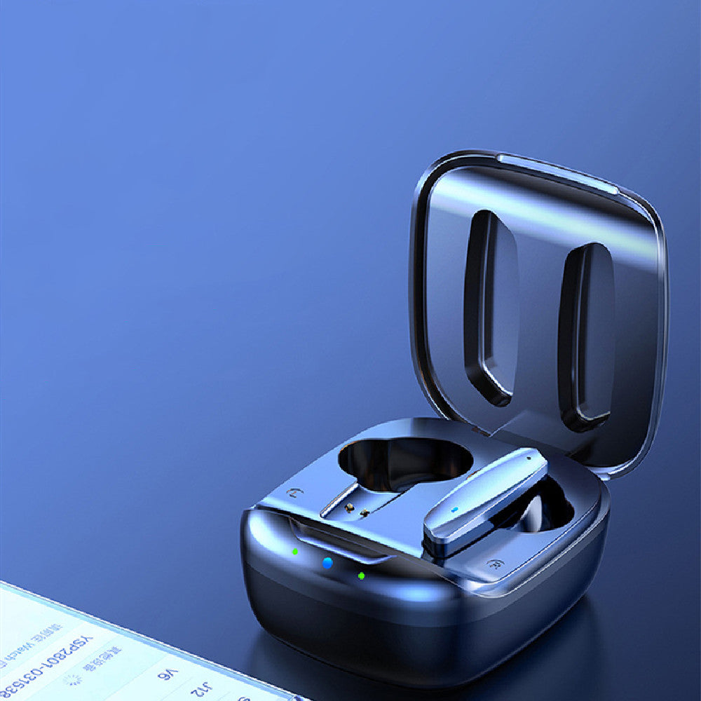 Wireless earbuds in a charging case on a blue background