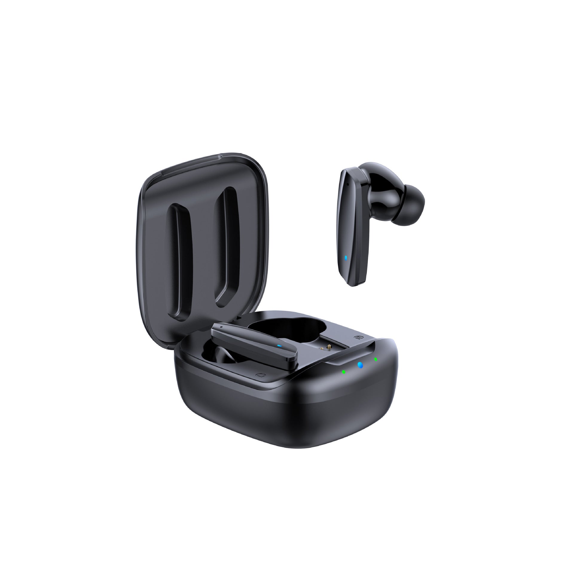 Black wireless earbuds with charging case on a white background