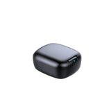 Black wireless earbud case with blue indicator lights on a white background