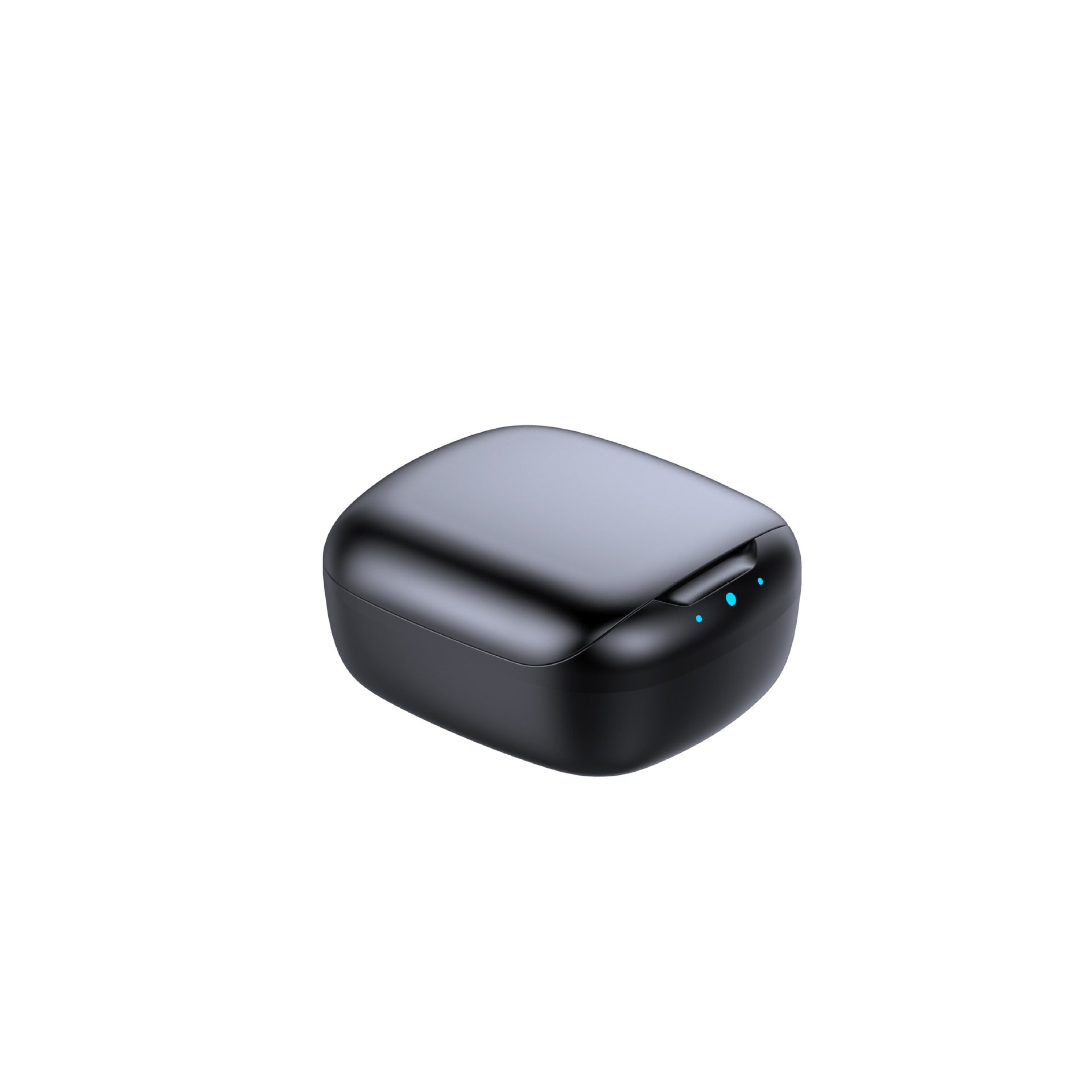 Black wireless earbud case with blue indicator lights on a white background
