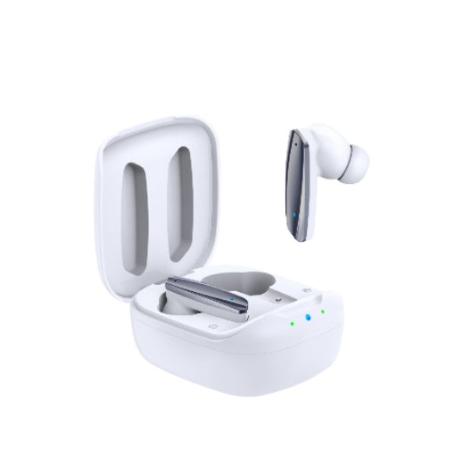 White wireless earbuds with charging case on a white background