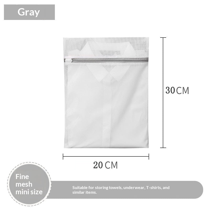 White mesh laundry bag with dimensions on a gray background