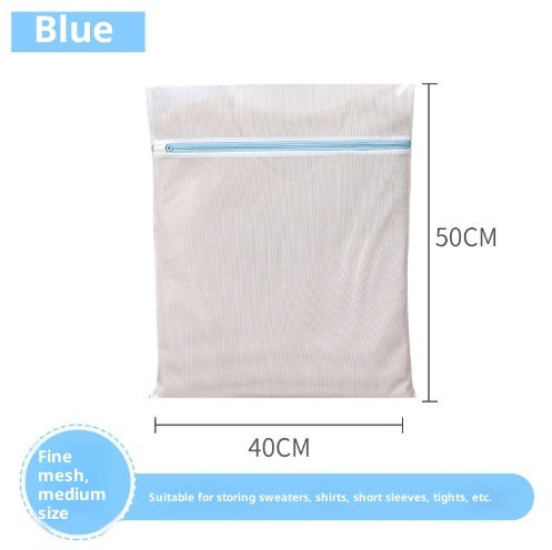 Mesh laundry bag with blue zipper and dimensions on a white background