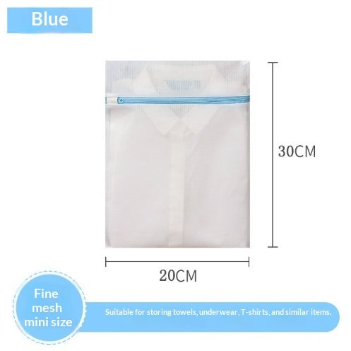 White mesh laundry bag with blue zipper and measurements on a white background