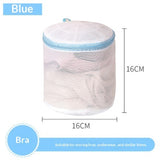 Mesh laundry bag with blue zipper and measurements on a white background