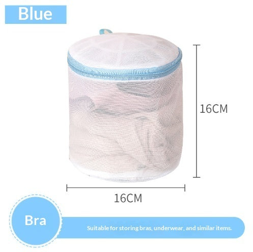 Mesh laundry bag with blue zipper and measurements on a white background