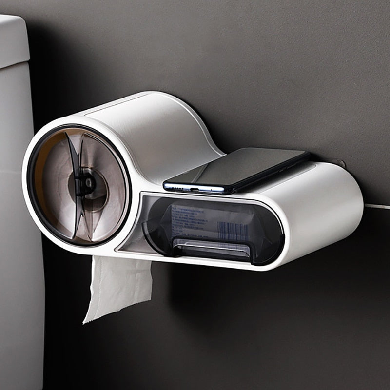 Modern toilet paper holder mounted on a dark wall