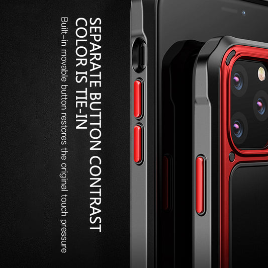 Phone case with red buttons and text on a black background