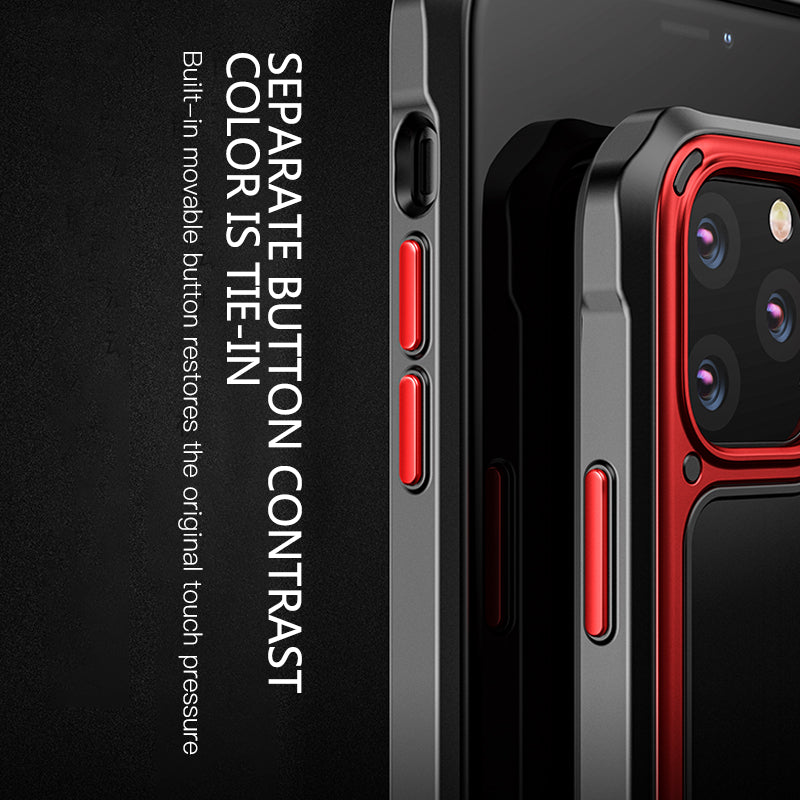 Phone case with red buttons and text on a black background