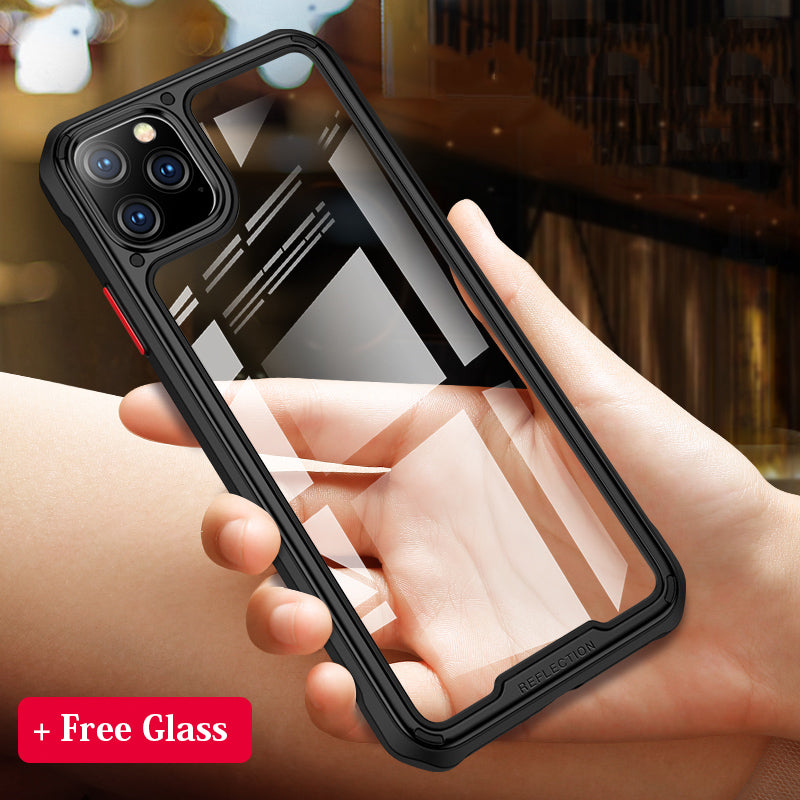 Person holding a phone with a black case and free glass offer text.