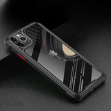 Black phone case with reflective surface on a dark background