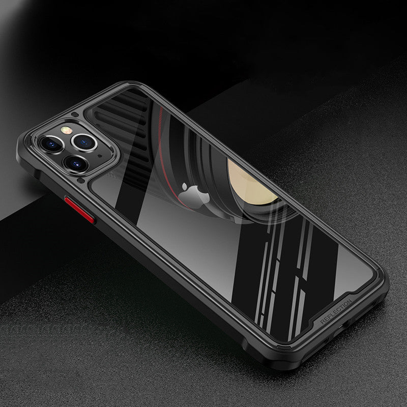Black phone case with reflective surface on a dark background