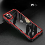 Red phone case with black accents on a dark background