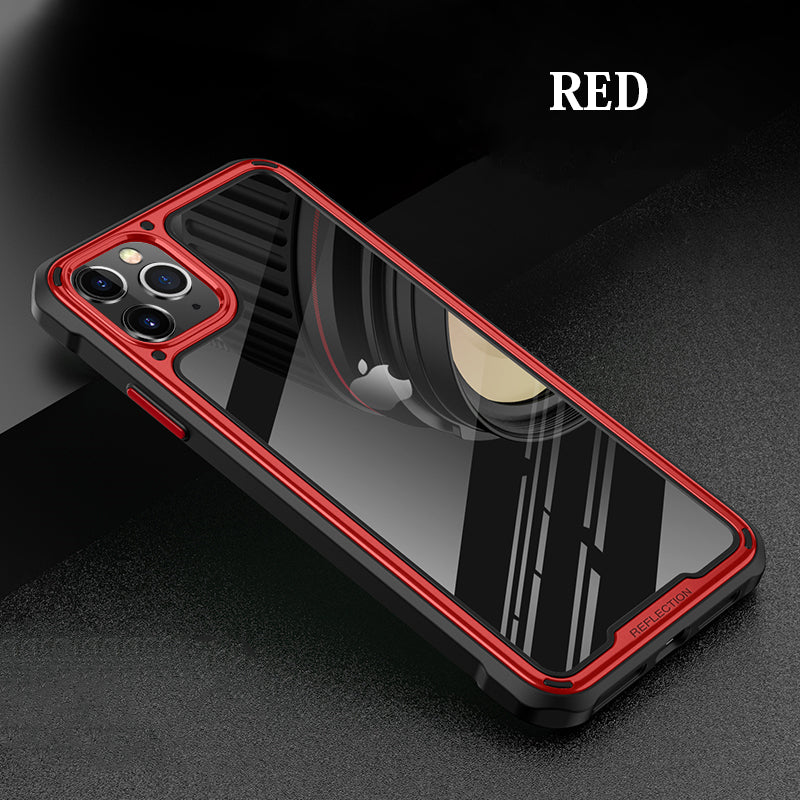 Red phone case with black accents on a dark background