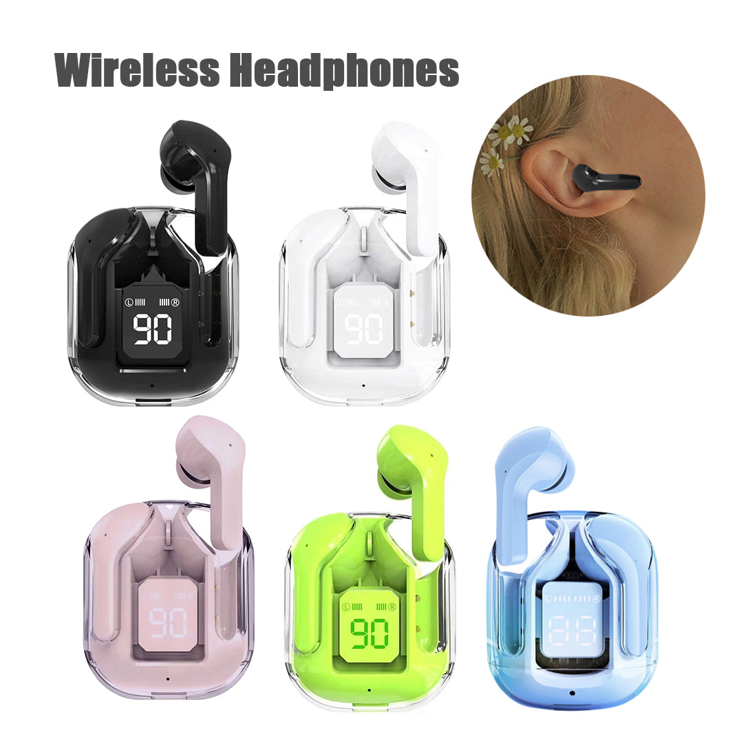 Wireless headphones with charging case in various colors on a white background.