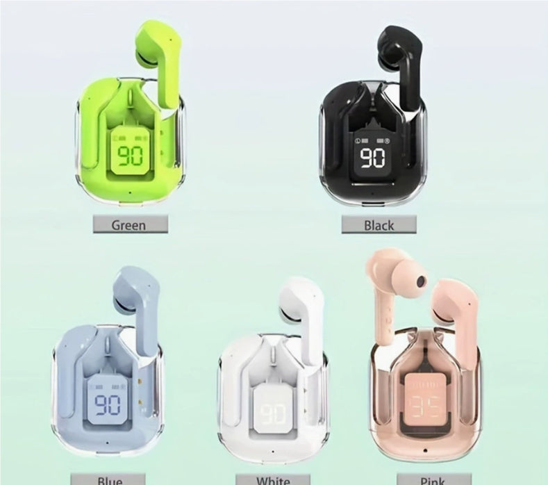 Wireless earbuds in green, black, blue, white, and pink with charging cases on a light green background.