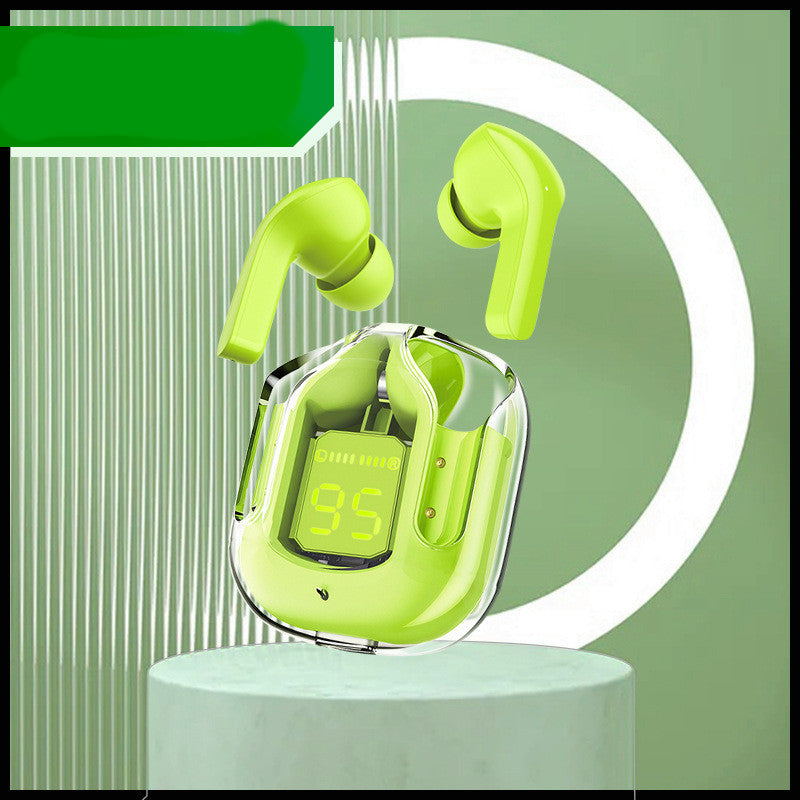 Green wireless earbuds with charging case on a green background