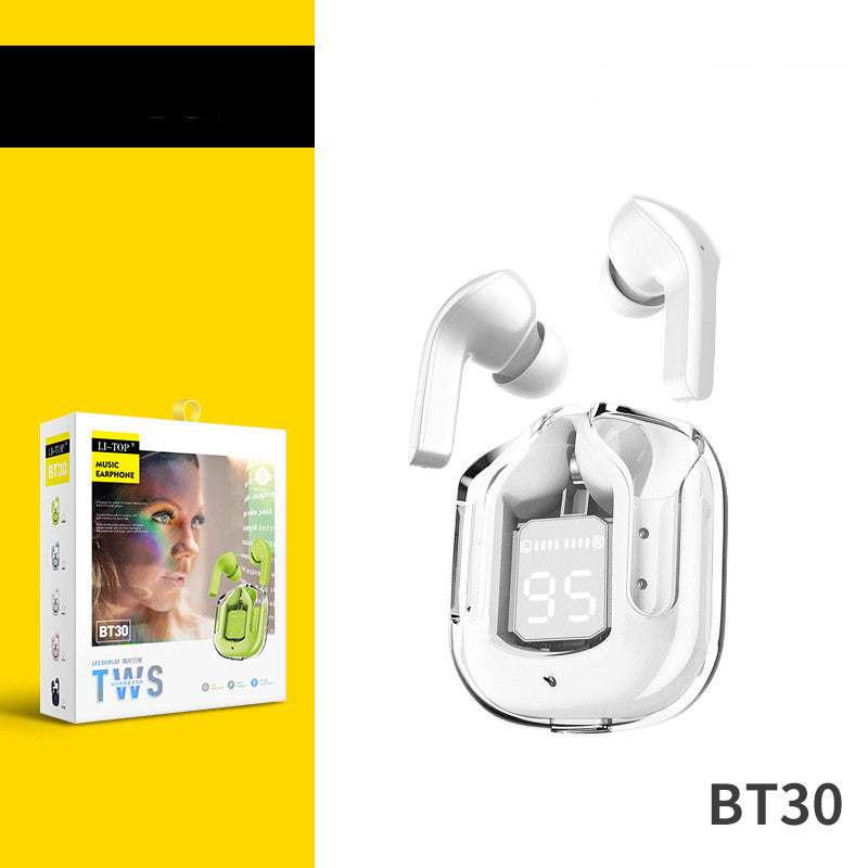 White wireless earbuds with charging case and packaging on a yellow background