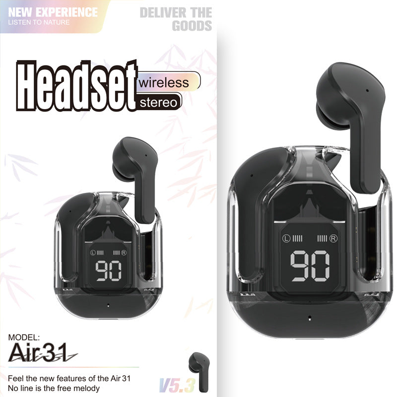 Wireless stereo headset with digital display on a white background