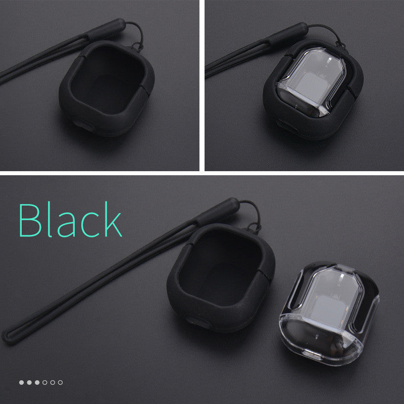 Black protective case with clear cover on a dark background
