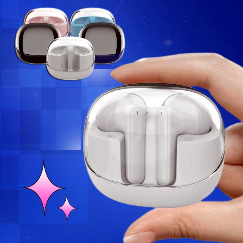 Wireless earbuds in a charging case held by a hand on a blue background with sparkles.