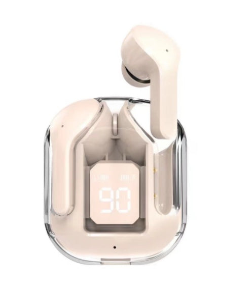 Wireless earbuds with charging case on a white background
