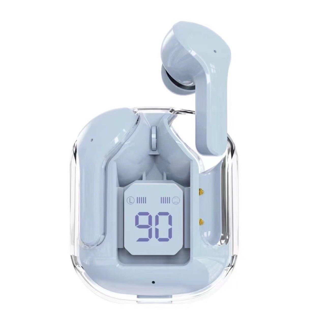 Wireless earbuds with charging case displaying battery level on a white background