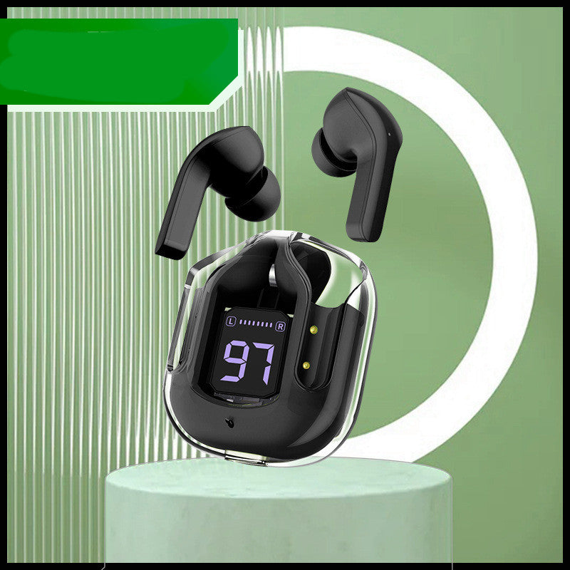 Black wireless earbuds with a charging case on a green background