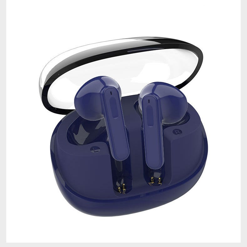 Navy blue wireless earbuds in a transparent charging case on a white background