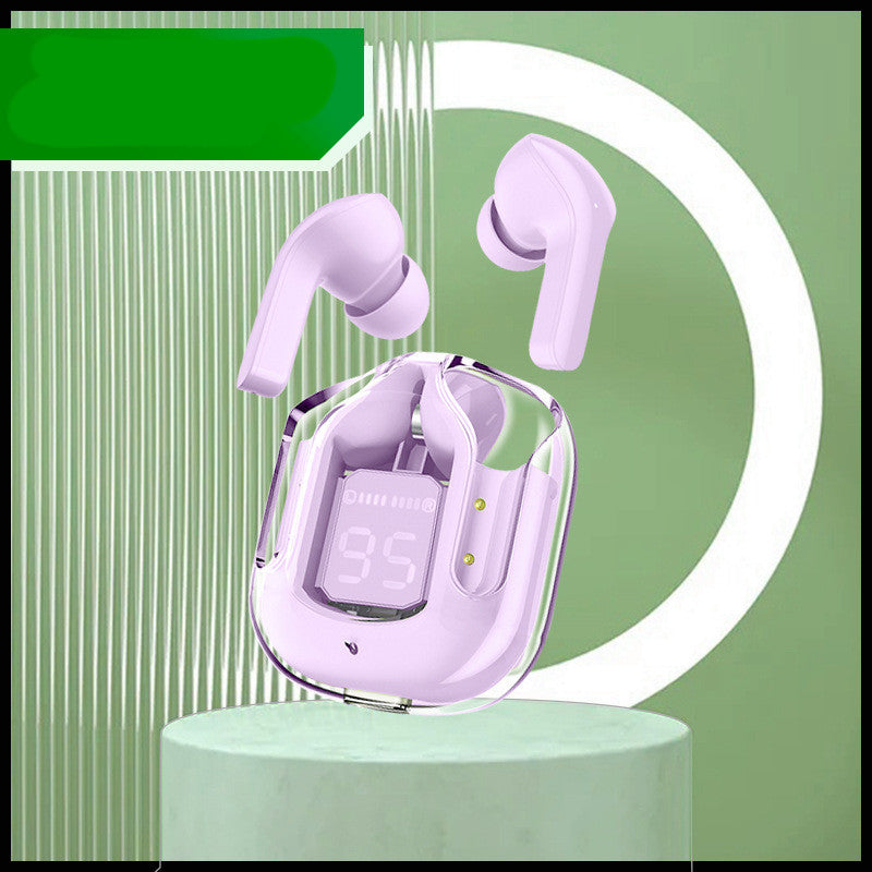 Purple wireless earbuds with charging case on a green background