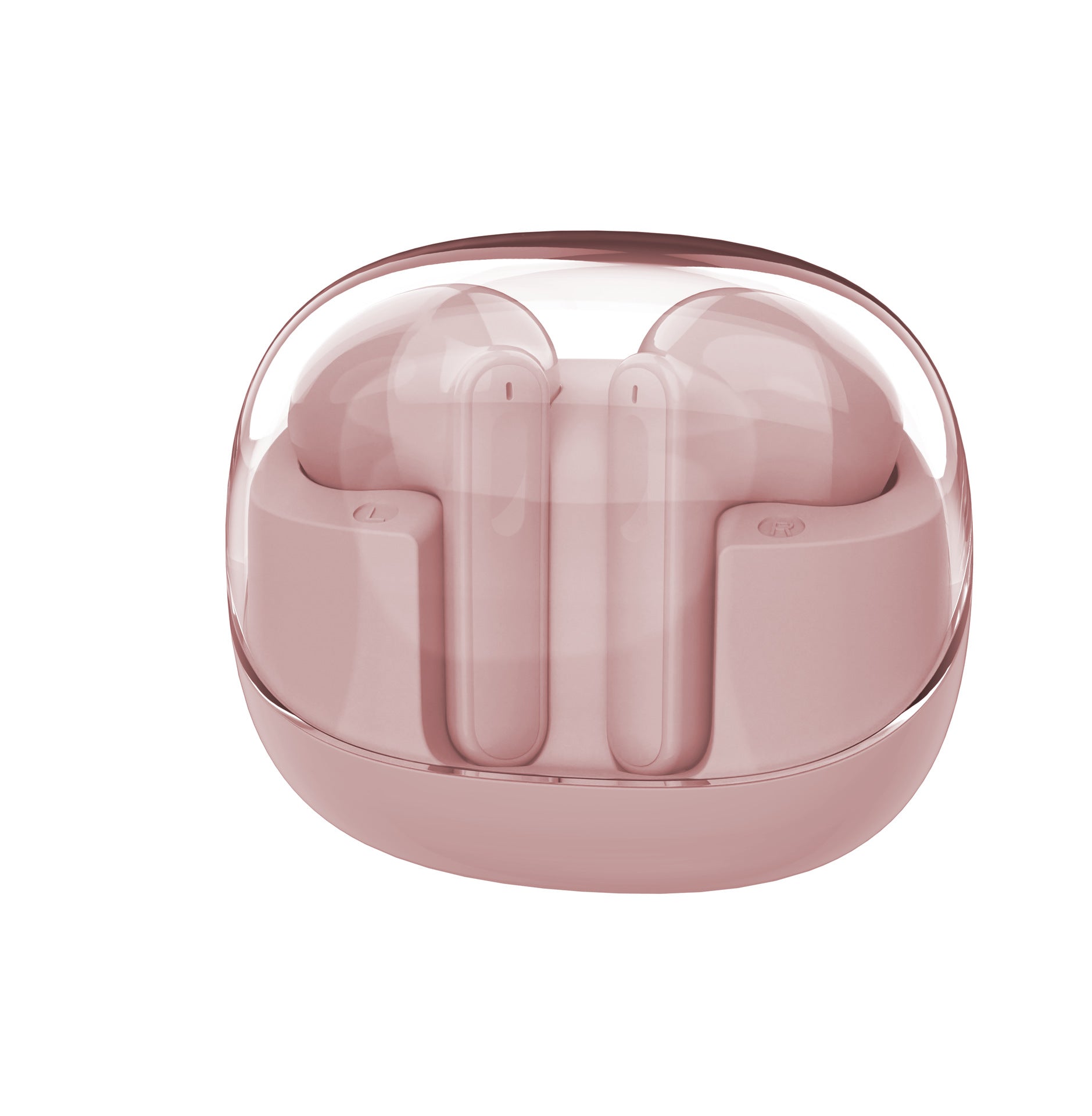 Pink wireless earbuds in a transparent charging case on a white background