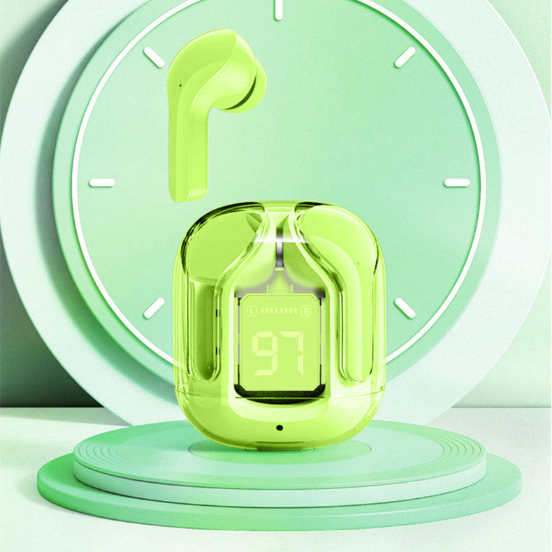 Green transparent electronic device with digital display on a green circular stand