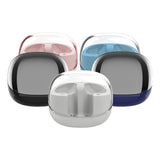 Four pairs of wireless earbuds in different colors on a white background
