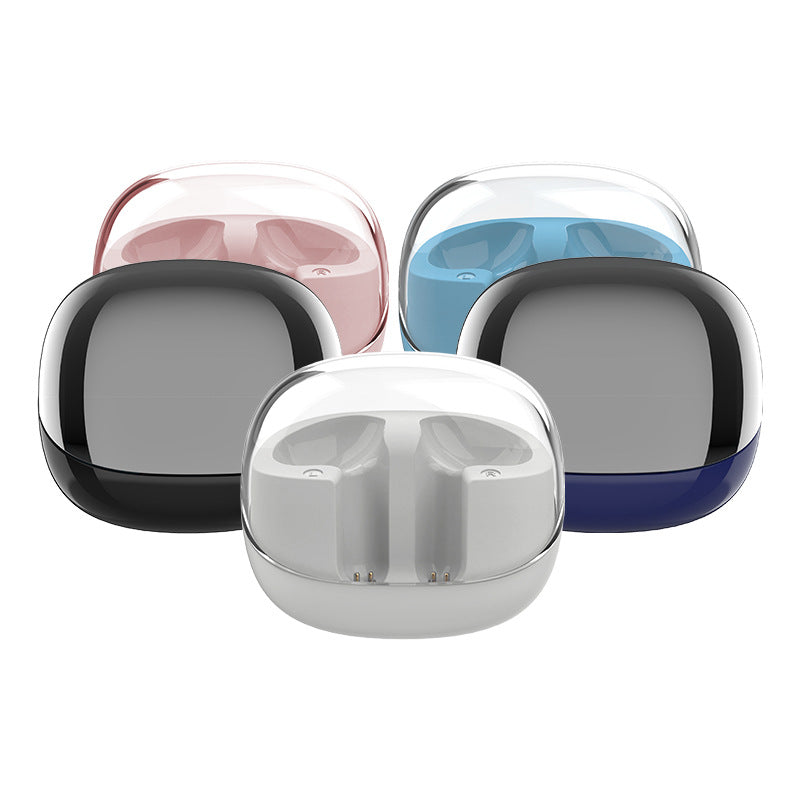 Four pairs of wireless earbuds in different colors on a white background