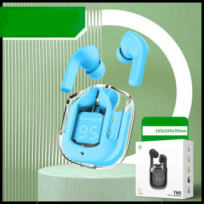 Blue wireless earbuds with charging case on a green background
