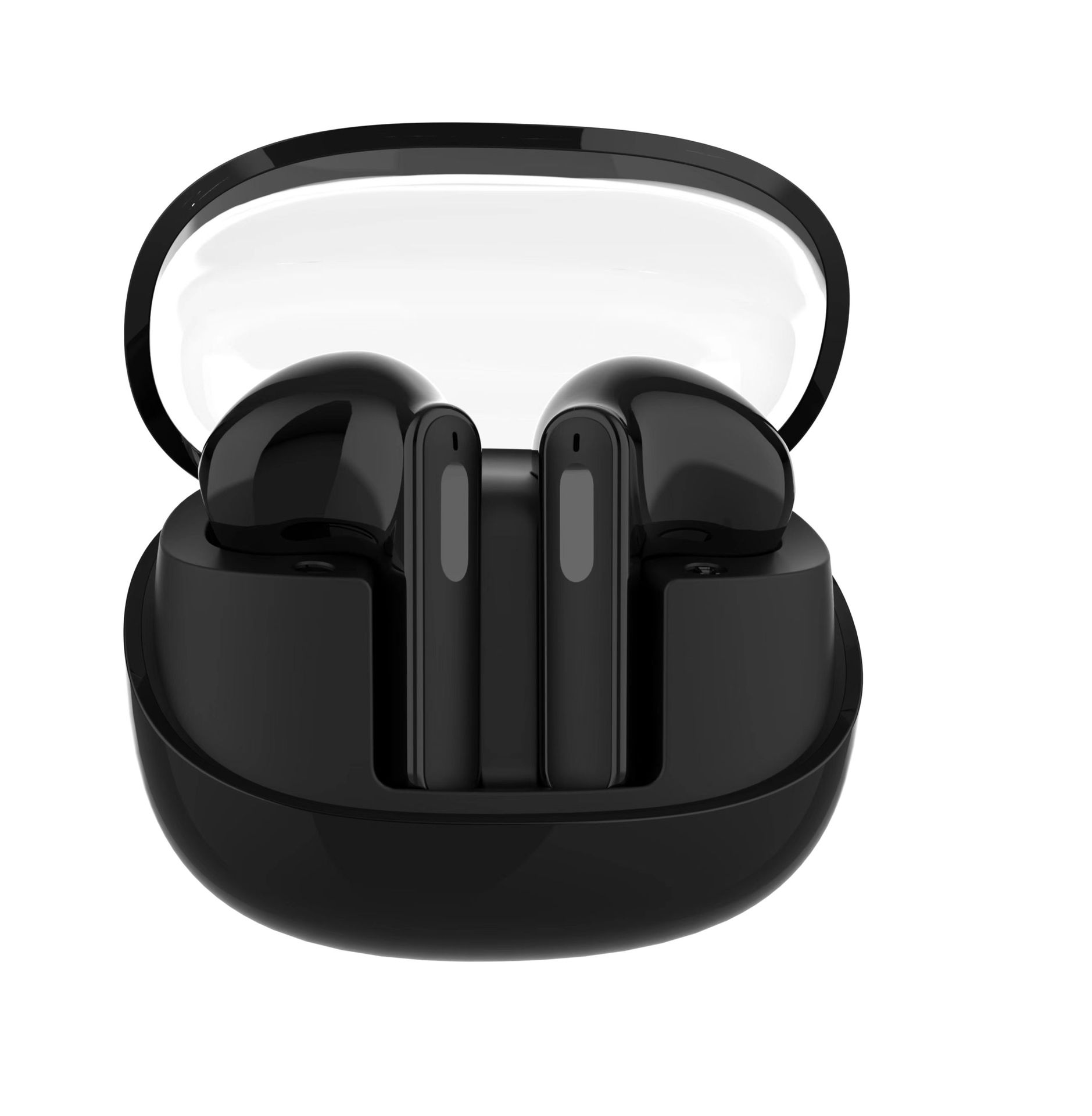 Black wireless earbuds in a transparent charging case on a white background