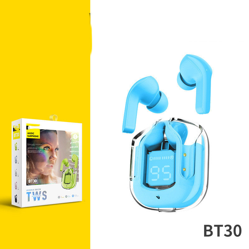 Blue wireless earbuds with charging case and packaging on a yellow and white background