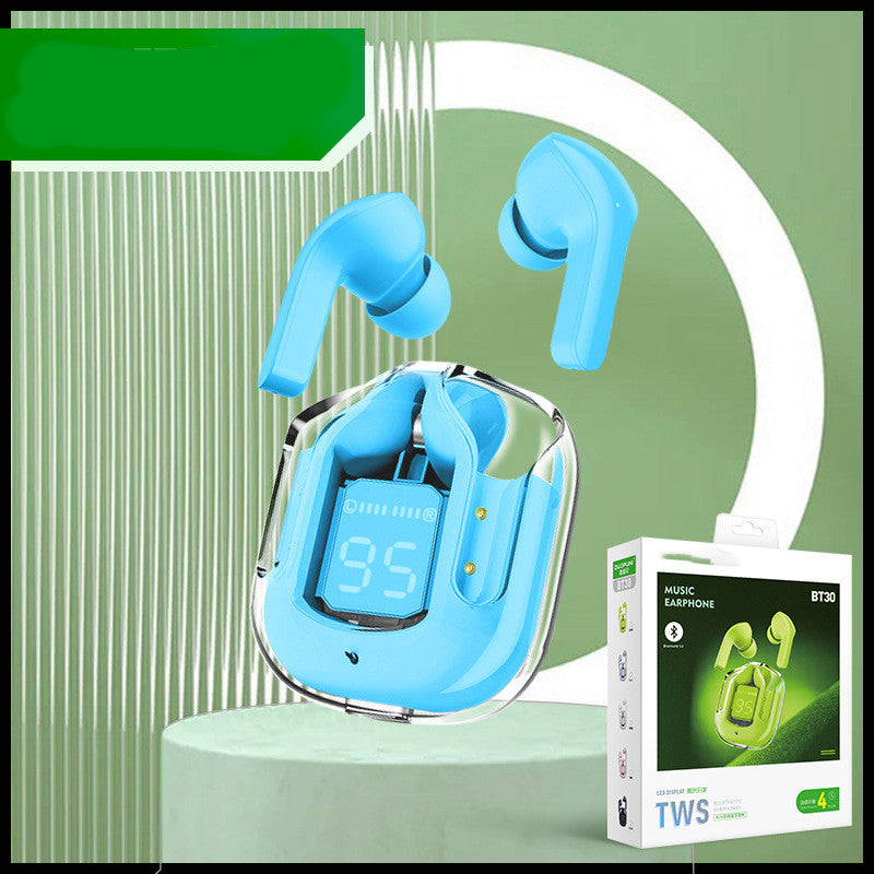 Blue wireless earbuds with charging case on a green background