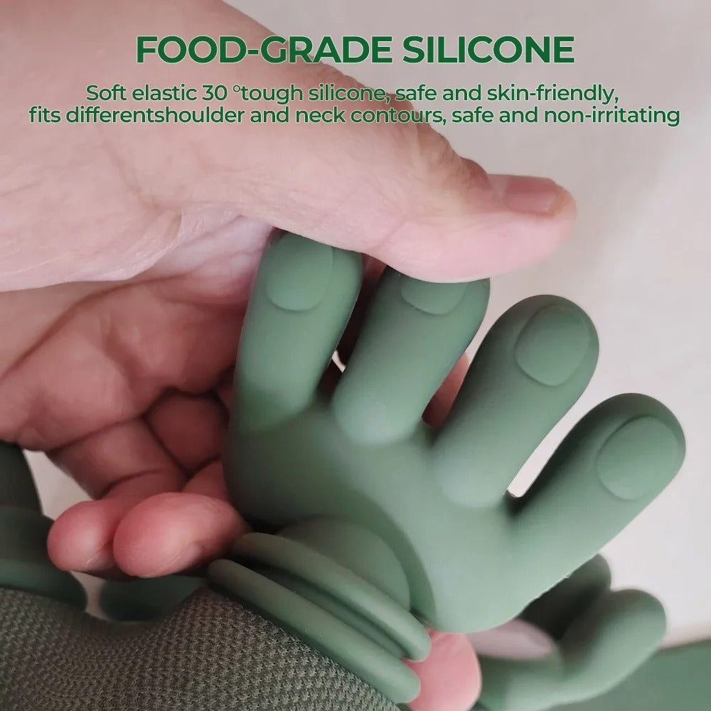 Green silicone glove held by a hand with text about food-grade silicone properties.