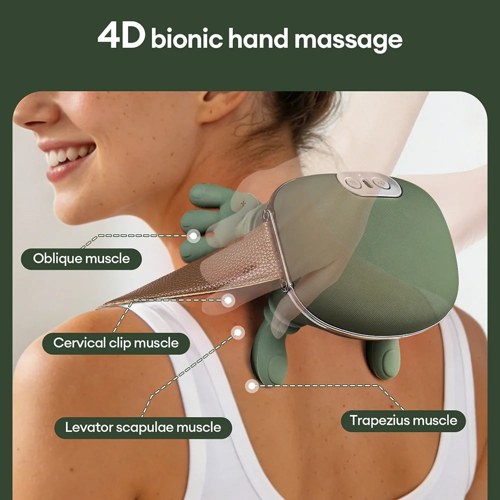 4D bionic hand massage device being used on a person's shoulder with labeled muscles.