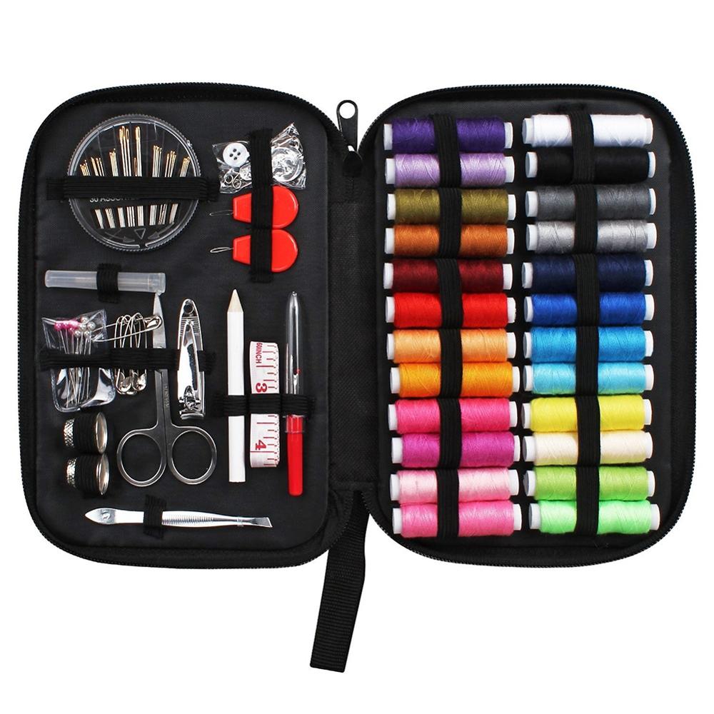 Sewing kit with colorful thread spools, scissors, and other tools in a black case.