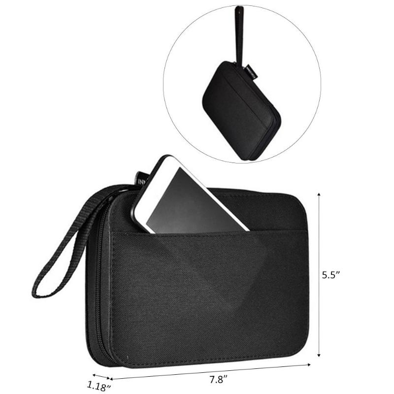 Black carrying case with a phone inside, showing dimensions on a white background